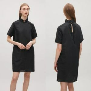COS Black Ruffle neck Short Sleeve Linen/Cotton Blend‎ Dress Pockets Sz 2 - EUC